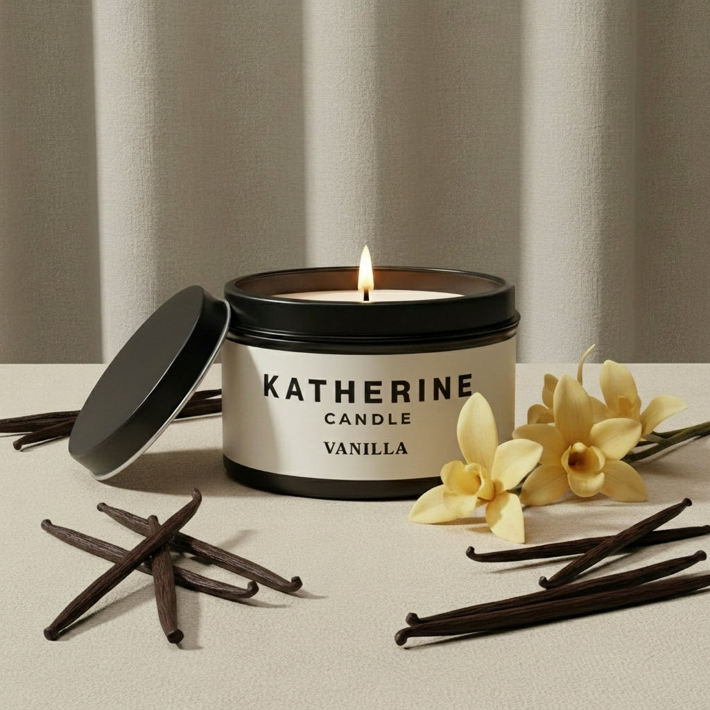 Vanilla scented candle in white jar with black lid open, flame and vanilla label