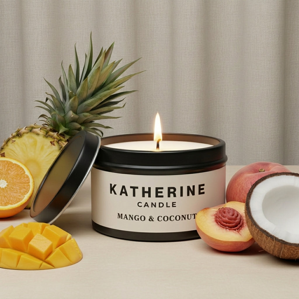 Scented candle in black-lidded jar, KATHERINE label; burning flame, mango & coconut.