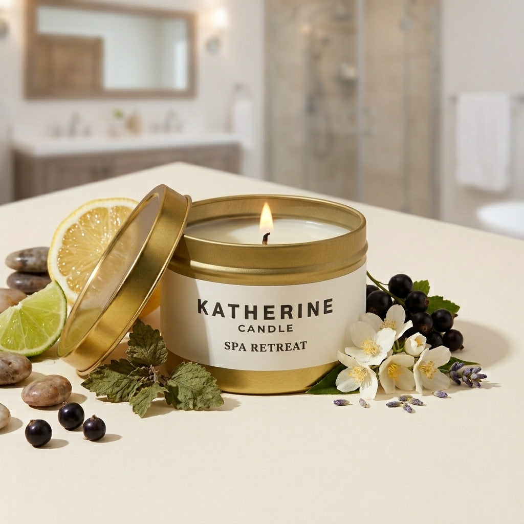 Gold spa retreat candle jar with open lid, lit wick, and decorative fruit