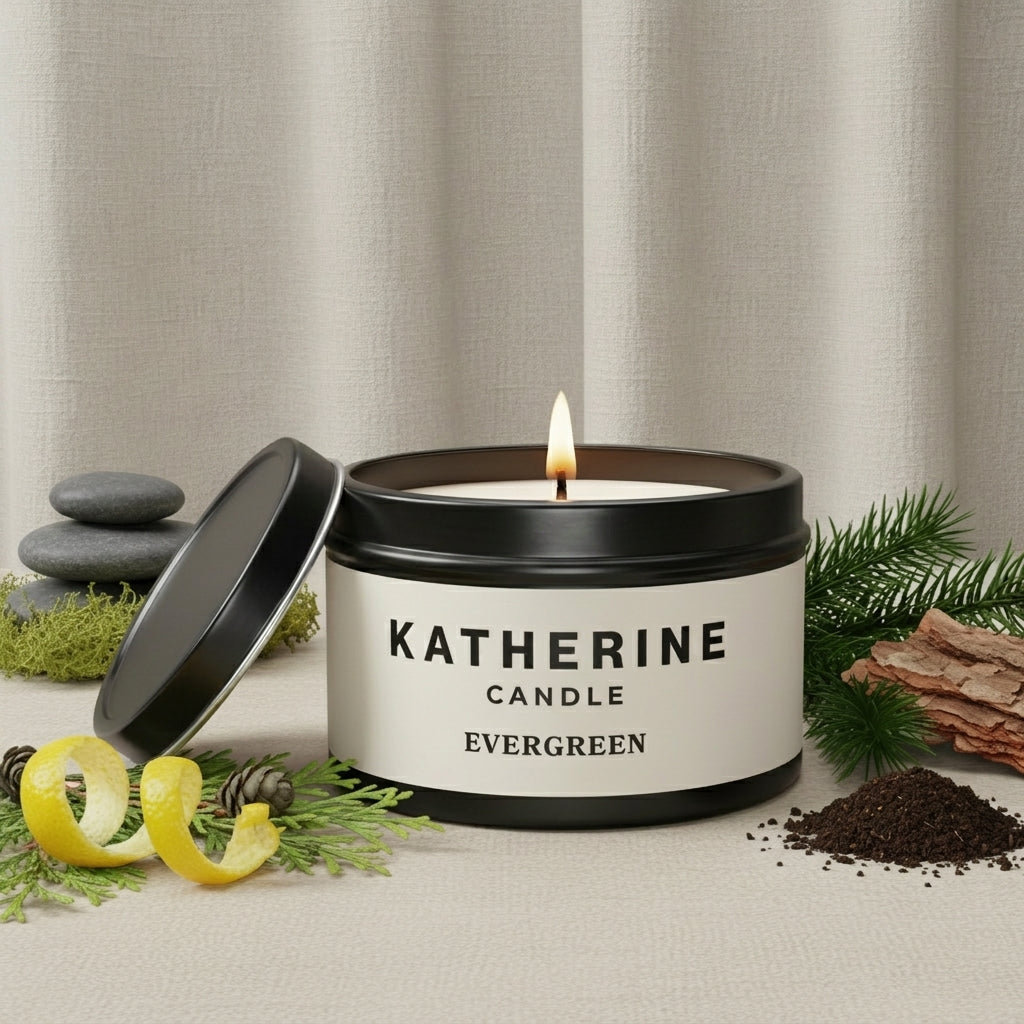 Black-lidded candle jar with flame, KATHERINE evergreen label, lid ajar