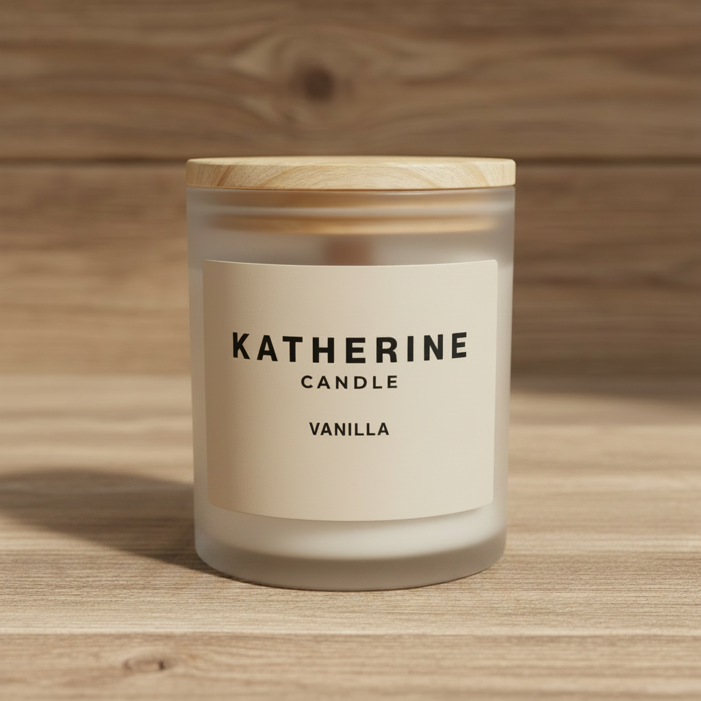 A frosted glass candle jar with a light wood lid and a cream label reading 'KATHERINE CANDLE' and 'VANILLA', set on a wooden surface against a wood plank background.
