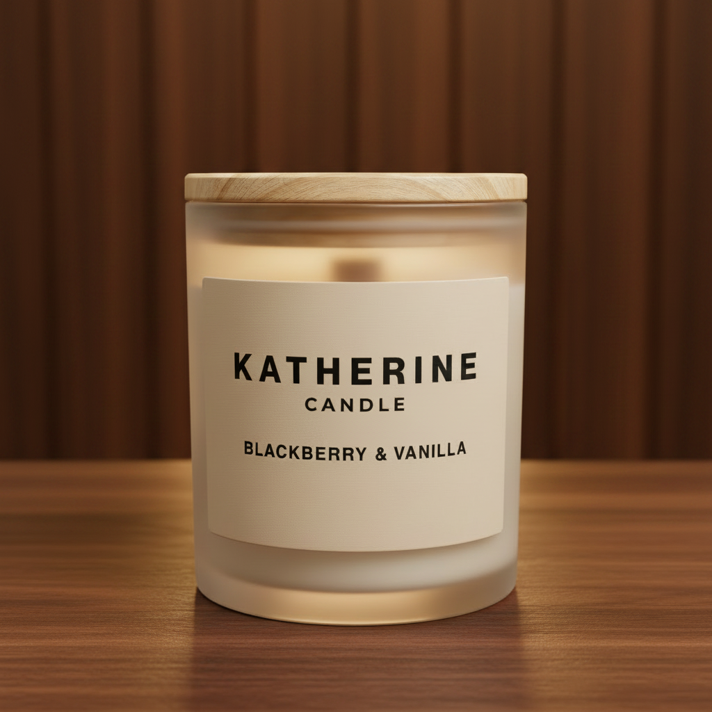 Candle labeled 'Katherine Candle Blackberry & Vanilla' in front of wooden place