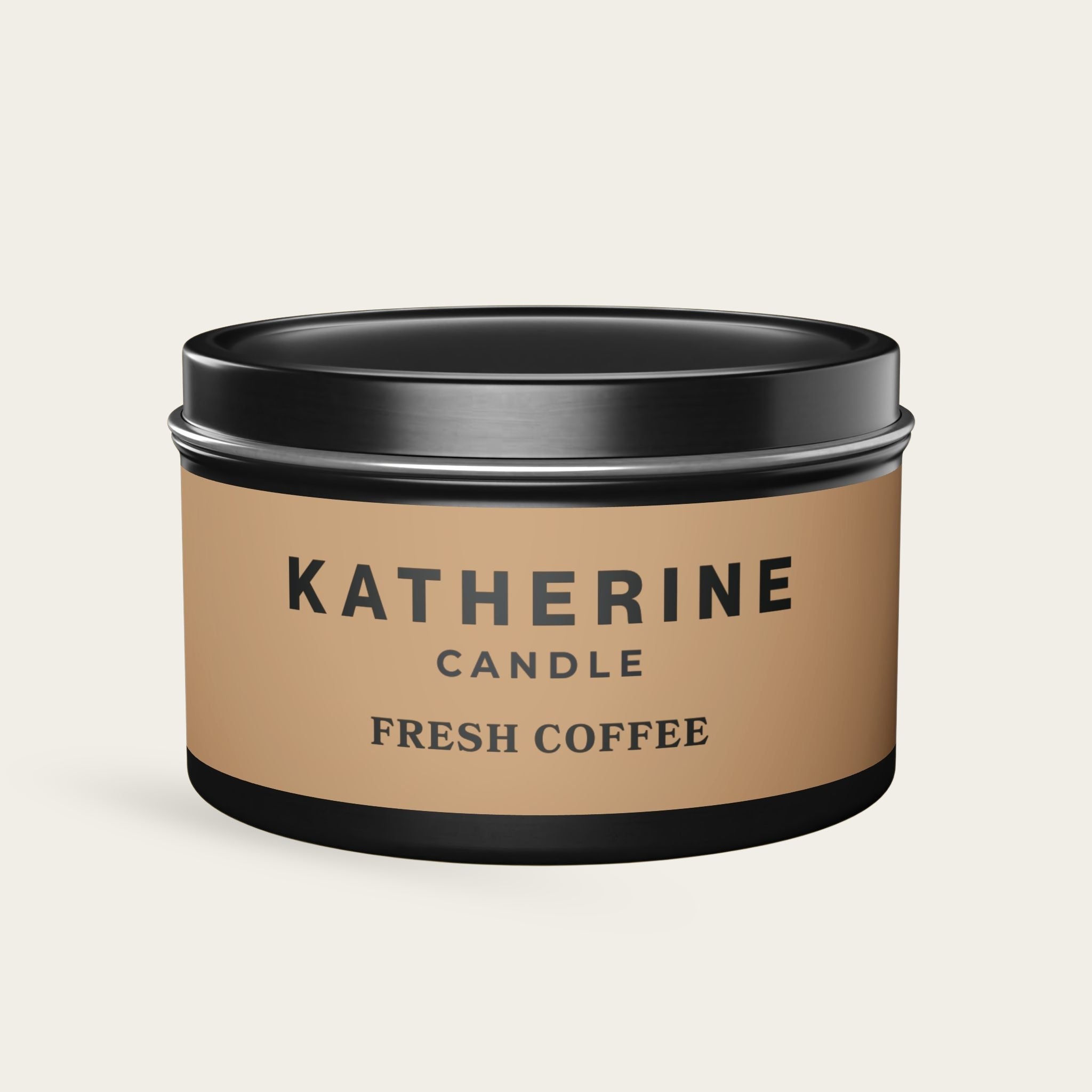 Candle jar with black lid, beige label, and KATHERINE FRESH COFFEE text