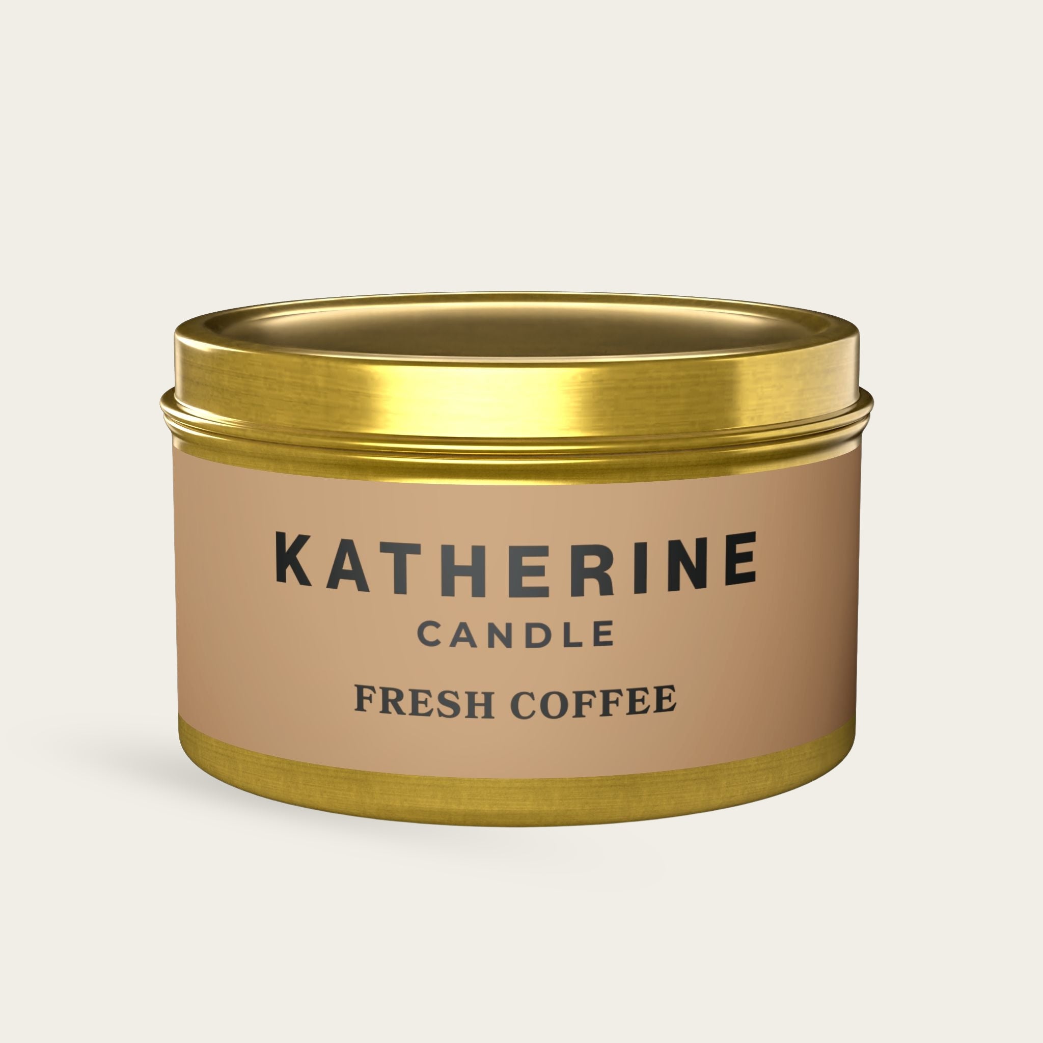 Gold candle jar with beige label and KATHERINE FRESH COFFEE text