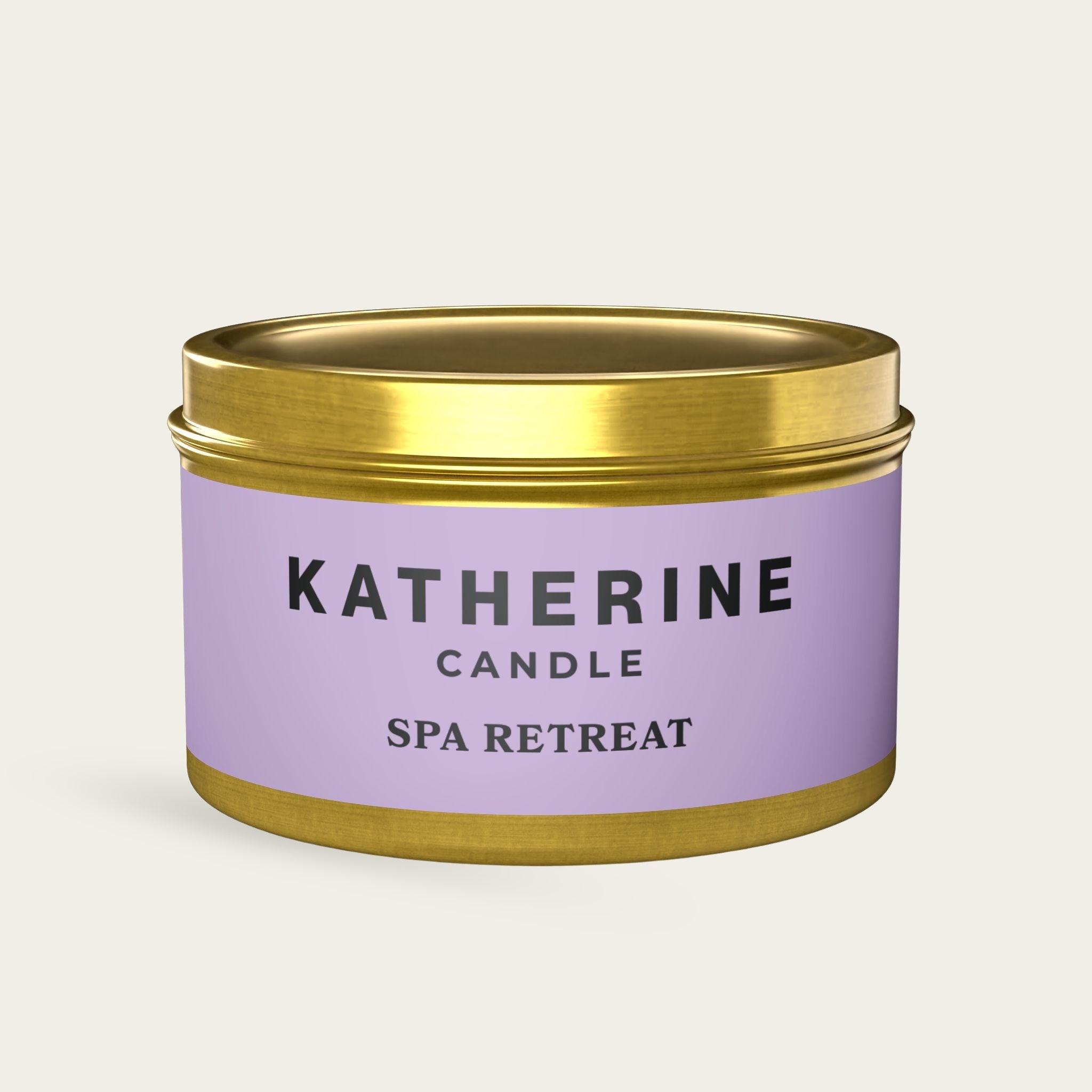 Spa Retreat candle jar with gold metal lid and base, purple label centered