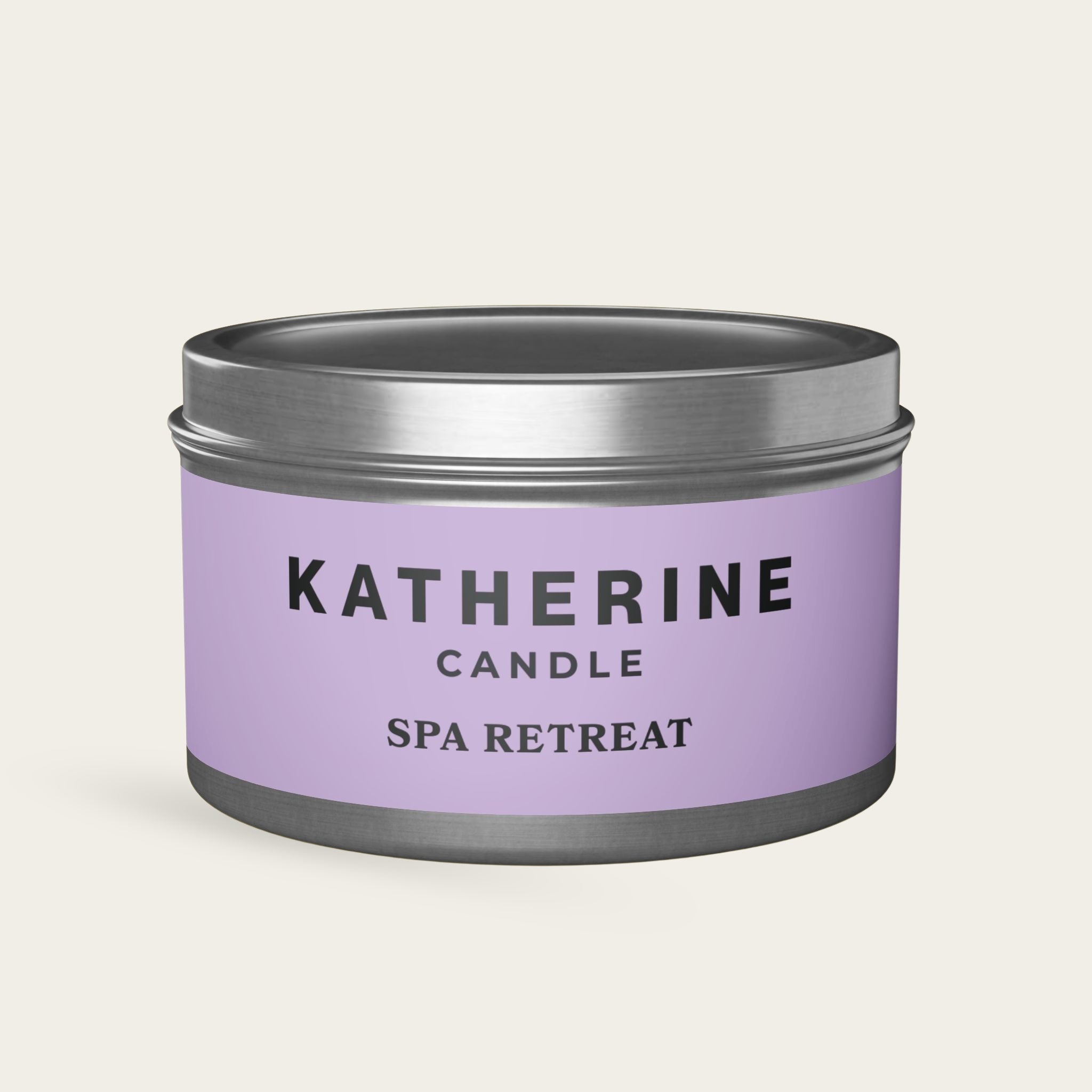 Spa Retreat candle jar with silver metal lid and base, purple label centered
