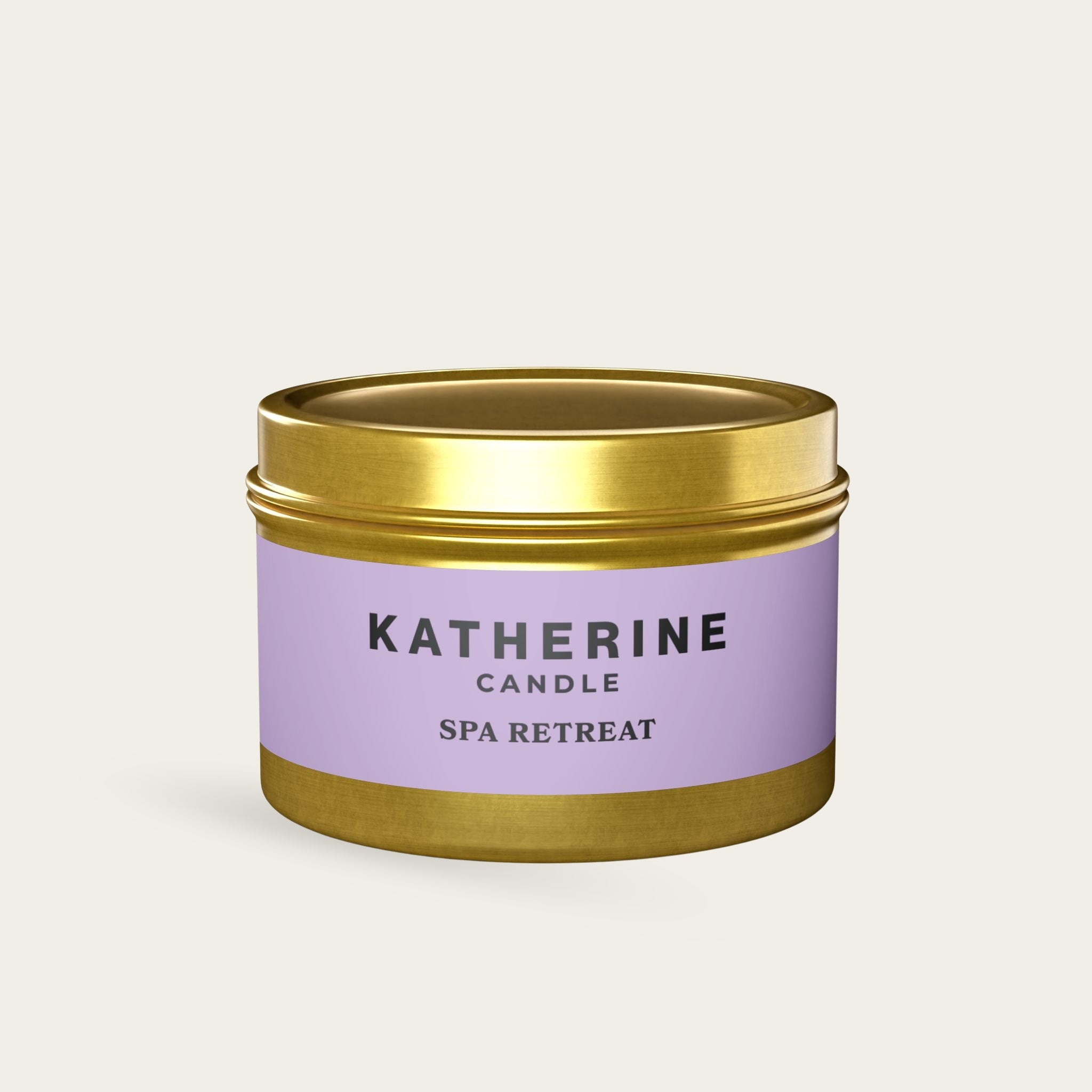 Spa Retreat candle jar with gold metal lid and base, purple label