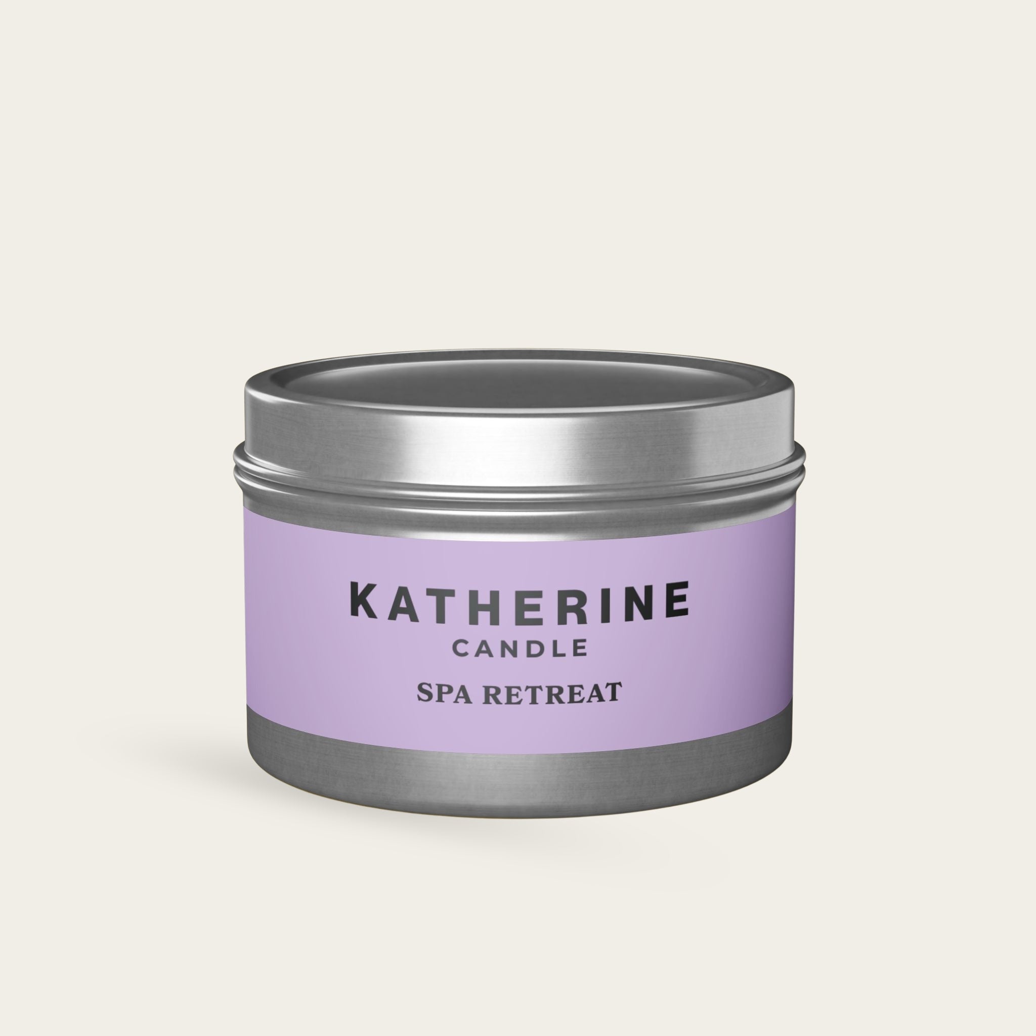 Spa Retreat candle jar with silver metal lid and base, purple label