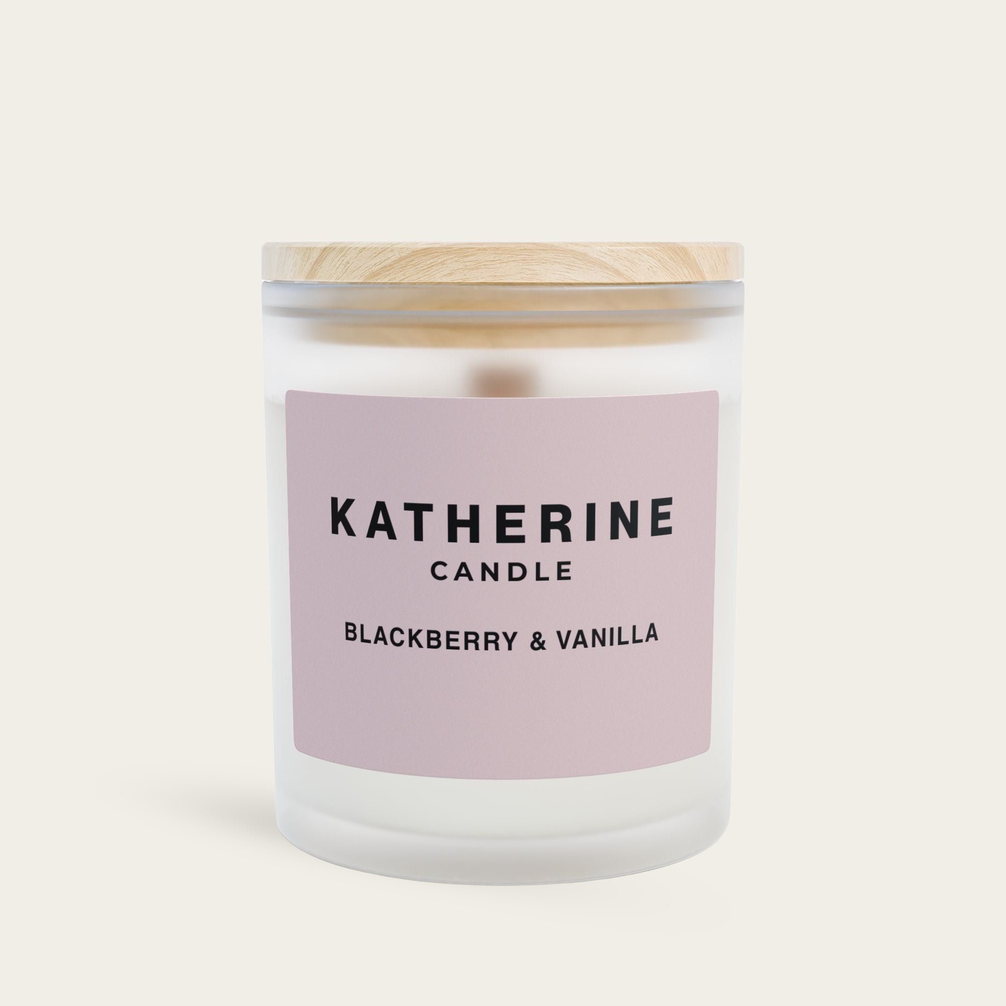 Frosted jar candle with pink label, KATHERINE CANDLE Blackberry & Vanilla