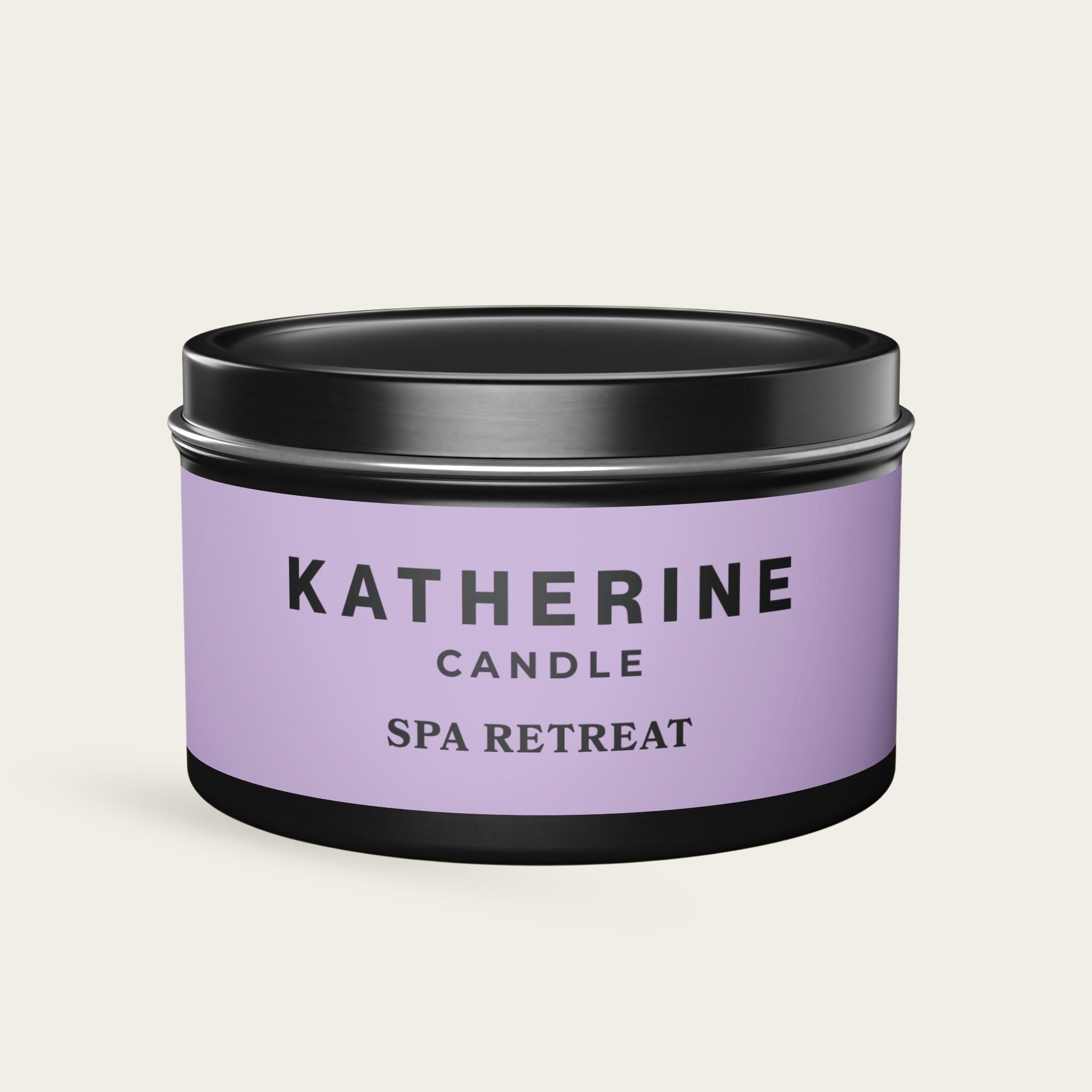Spa Retreat candle jar with black metal lid, purple label centered
