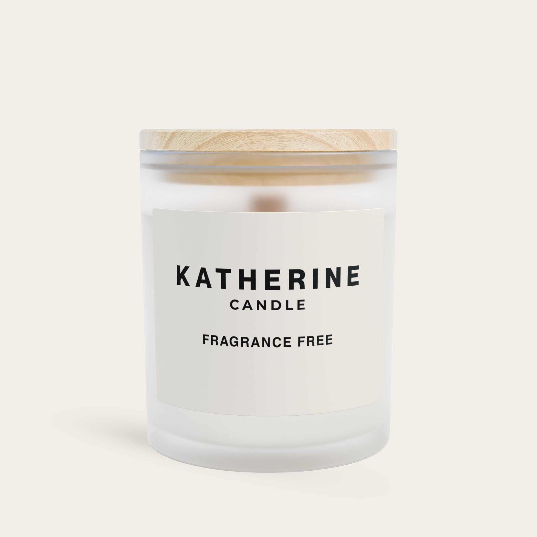 Katherine Candle fragrance-free candle in white jar with black label
