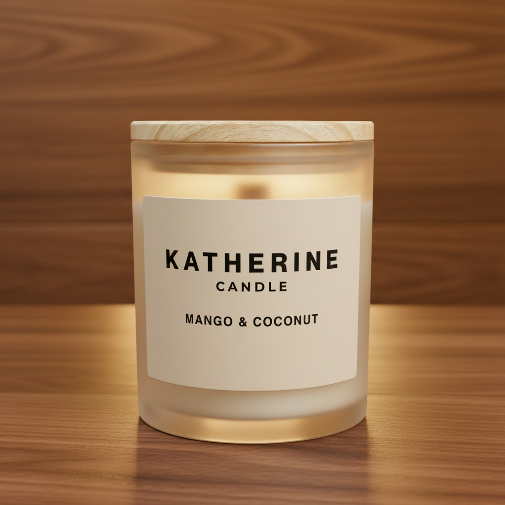 White candle in glass jar with wood lid; label reads KATHERINE CANDLE Mango & Coconut