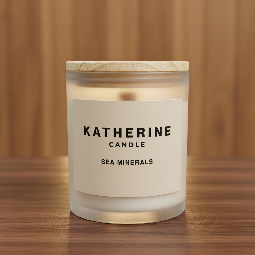 Sea minerals coconut soy wax candle in frosted glass jar with wooden lid, flame lit
